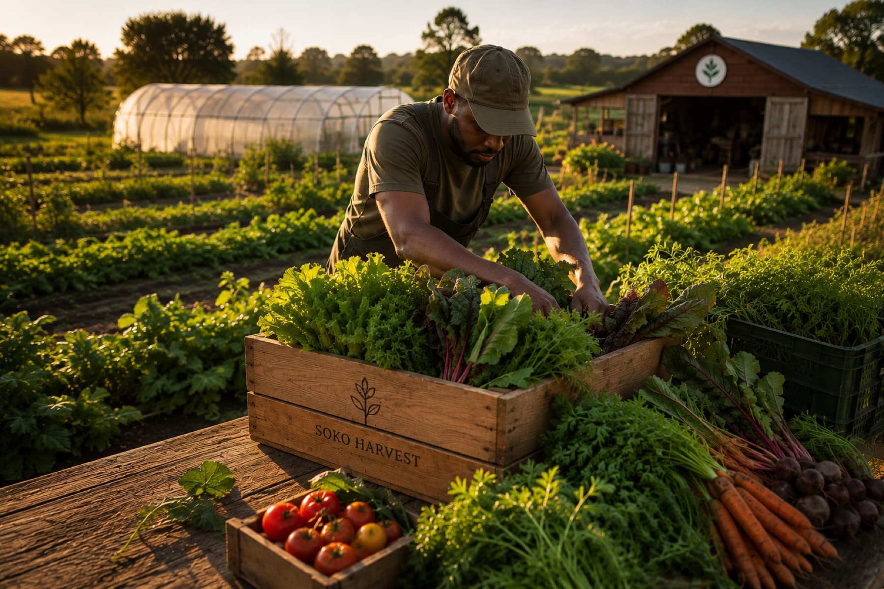 Cutting greens into a Soko Harvest crate at first light, the polytunnel and barn behind.