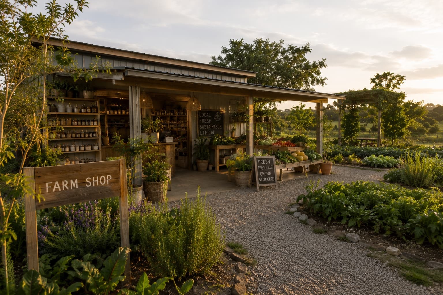 The farm shop from outside — a timber structure open to the beds behind it.