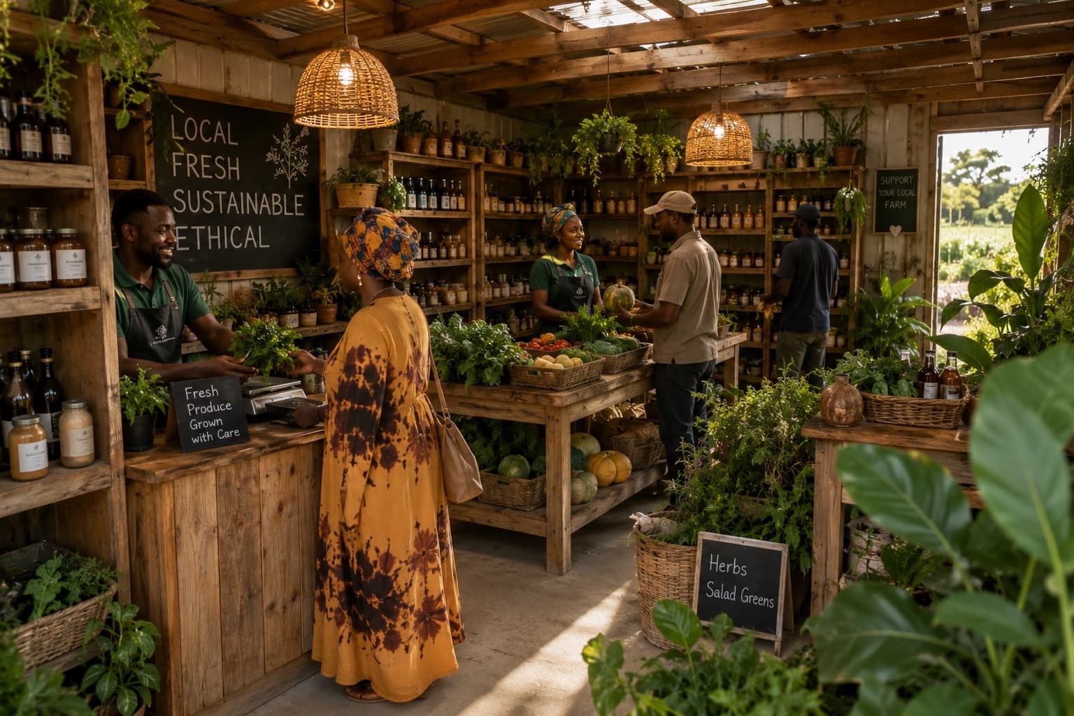 Inside the farm shop, produce and preserves on timber shelving.