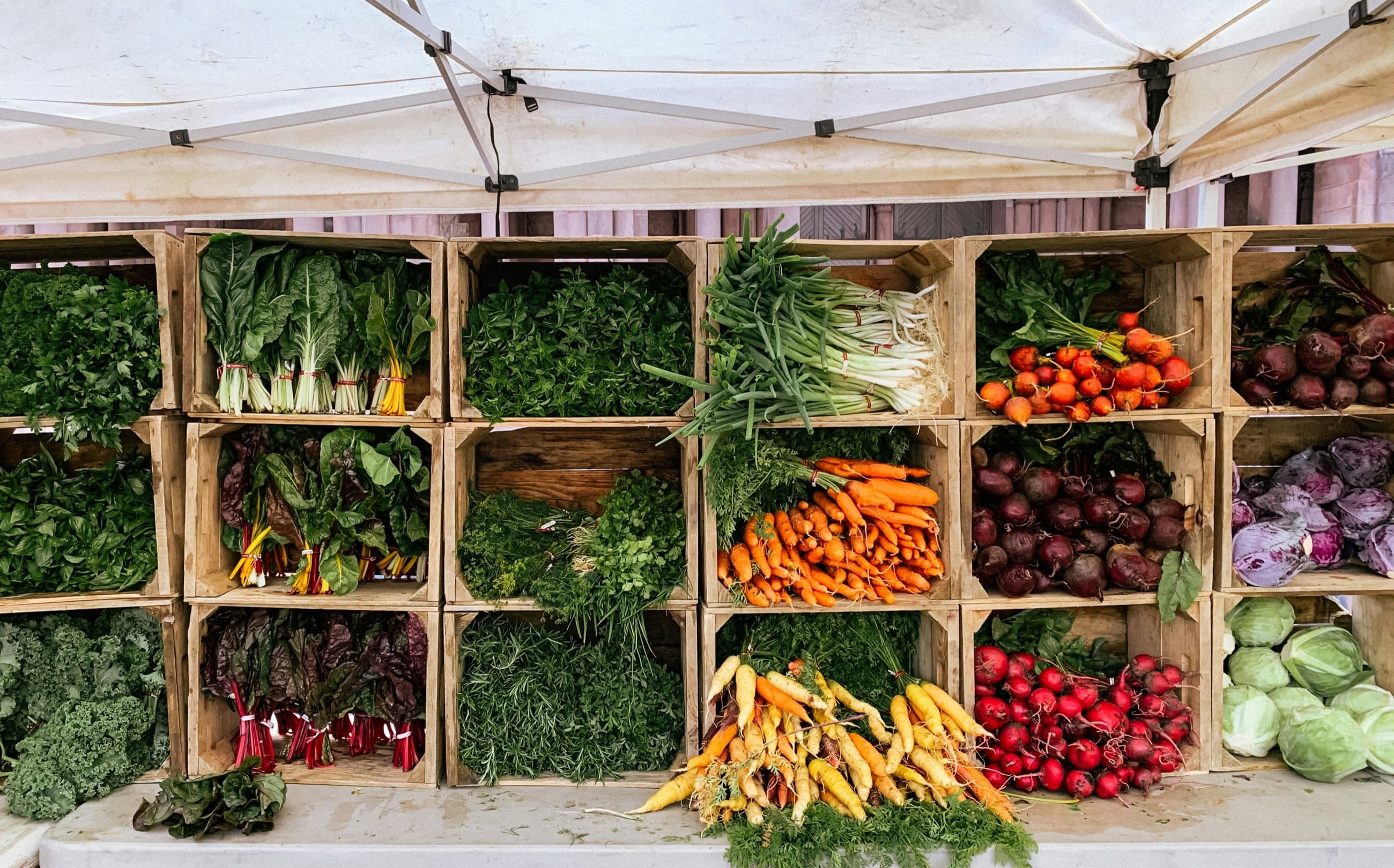 Crates of greens, roots and vegetables graded and ready to leave the farm.