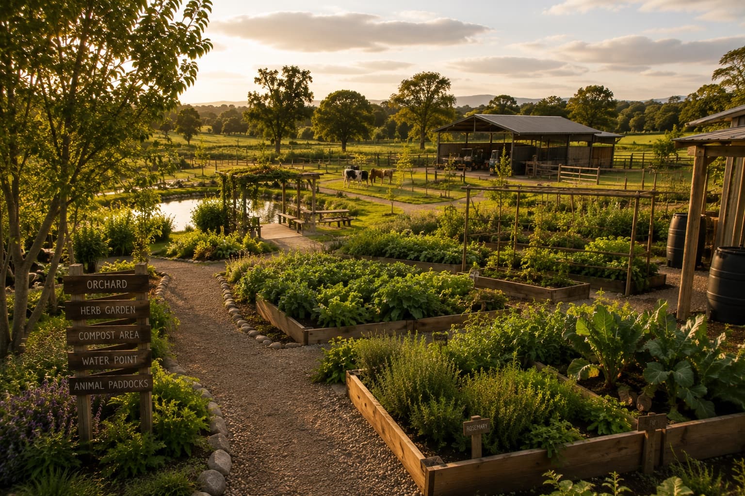 The market gardens at golden hour, beds running toward the shed.