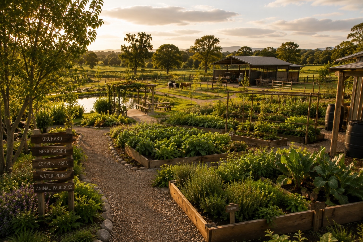 The market gardens at golden hour, beds running toward the shed.